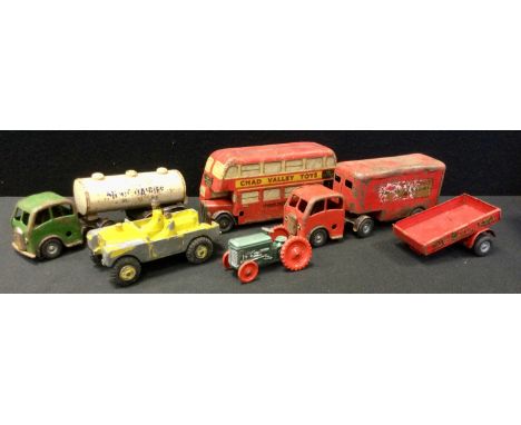 Tin plate Vehicles - a Triang Minic Dairies green and white tanker;  Road Transporter;  Brewery trailer;  a Chad Valley Toys 