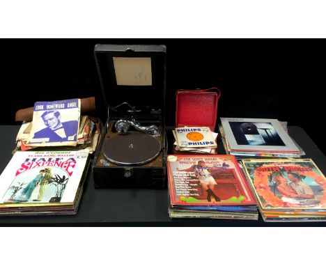 A HMV 102C portable gramophone; Lps including Scott Joplin, Ragtime Album, South Pacific, other musicals, orchestral,; 45 rpm