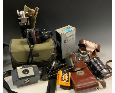 Cameras - a vintage Braun Paxette 35mm camera;  others Kodak 620 Jnr, Brownie 127; Nikon Coolpix 4500, filters, flash etc qty