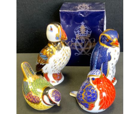 A Royal Crown Derby Rock Hopper Penguin Paperweight, gold stopper, boxed;  others Puffin, Robin, Yellow Tit, silver stoppers 