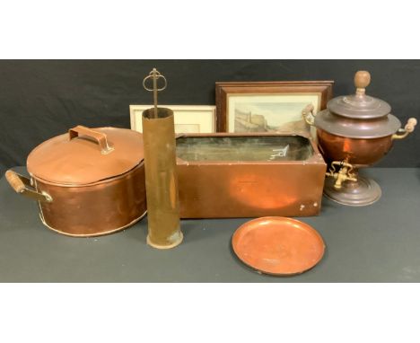 Brass &amp; Copper - a 19th century twin handled circular copper saucepan, a copper cistern planter;  samovar;  Castle Rocks 