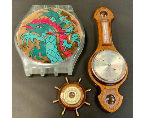 Clocks - a Swatch Watches Green Dragon wall clock,  marked AG1994, quartz movement, 36cm high;  an oak framed aneroid baromet