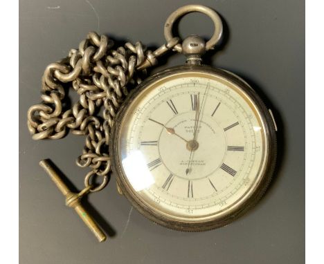 A late Victorian silver open case  Chronometer pocket watch, white dial, Roman numerals, Chester 1883 suspended from a heavy 