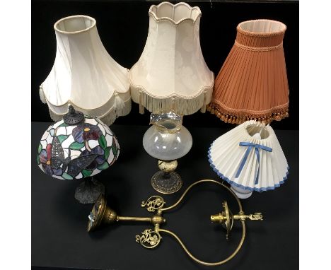 Lighting - a Tiffany style leaded glass dragonfly table lamp;  others green onyx, alabaster, ceramic etc. 