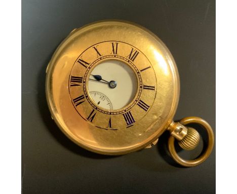 An 18ct gold half hunter cased pocket watch, White enamel dial, subsidiary seconds, button wind movement, Thomas Russell Live