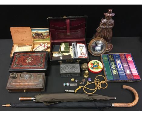 Boxes &amp; Objects - an Edwardian oak Standish;  umbrellas;  attaché case, ARP whistle and lanyard; enamel WRVS and other ba