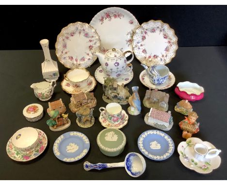 Ceramics - a pair of Royal Crown Derby Antoinette pattern wavy rim plates;  Royal Albert Lavender Rose bread plate;  Goebel f