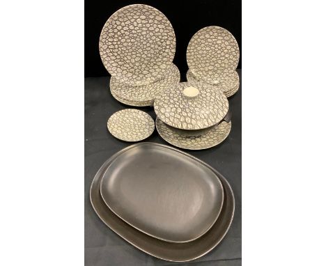 A 1950s Poole Black Pebble pattern six setting dinner set, designed by Robert Jefferson inc tureen and cover, dinner and side
