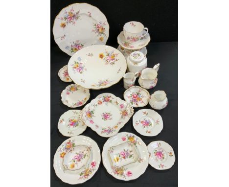 A Royal Crown Derby Posies pattern footed fruit bowl;  two breakfast cups and saucers;  jar and cover, trinket dishes etc. 