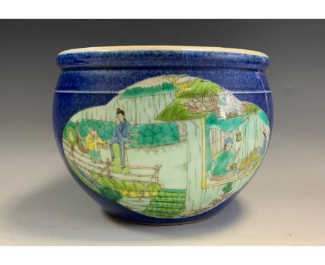 A contemporary Chinese circular planter, shaped famille vert panel of figures in the garden, blue ground, 20cm diameter. 