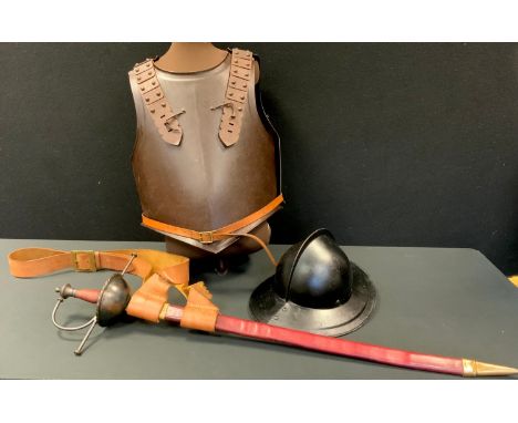 English Civil War - a replica Hikeman's breast plate and Pot Morion helmet and sword sidearm, dished hilt, leather scabbard, 