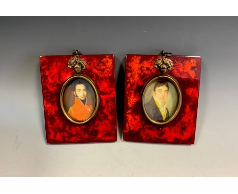 A George III style oval portrait miniature print of a Gentleman;  another, tortoiseshell effect frames, 11.5cm x 9.5cm. 