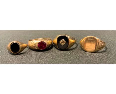 A Gentleman's diamond accented onyx 9ct gold signet ring;  another synthetic ruby, all 9ct gold shanks, 14.4g gross 