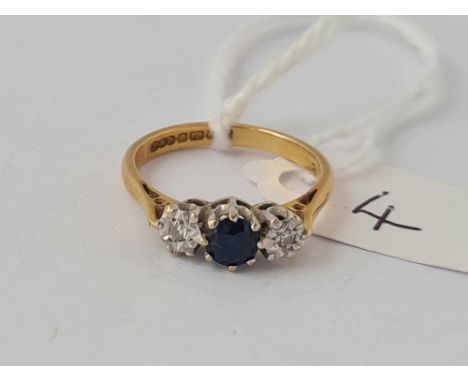 A three stone sapphire and diamond ring 18ct gold size K    2.4 gms