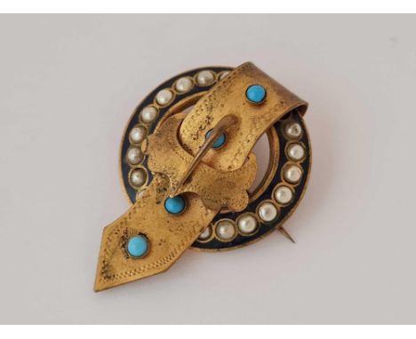 Pinchbeck Victorian garter brooch, enamelled, pearl and turquoise set.