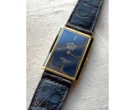 A Vintage rear gold plated du pont wrist watch oblong face with black enamel dial signed S du pont paris W/O