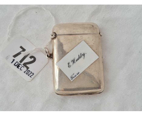 An enamel decorated plain vesta case inscribed E Huddy of Truro, gilt interior, Chester 1912 by JMB