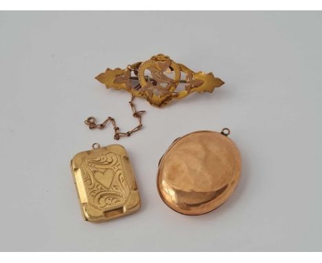 Two 9ct back &amp; front vintage lockets and a 9ct sweetheart brooch
