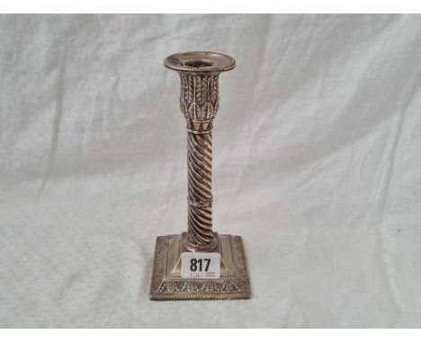 A candlestick with spiral twist stem, detachable nozzle, 7" high, Sheffield 1902 by JD, WD