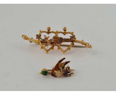 A small 14ct gold enamel mallard brooch and a gold MIZPAR brooch   3gms