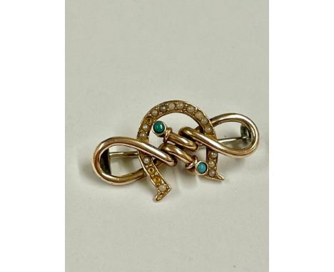 Antique 9ct gold seed pearl and turquoise horseshoe brooch
