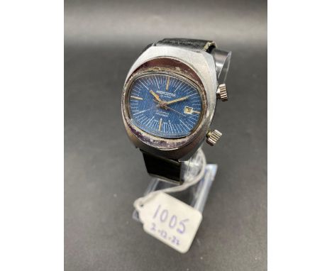 A blue faced MEMO STAR alarm watch with seconds sweep and date aperture W/O