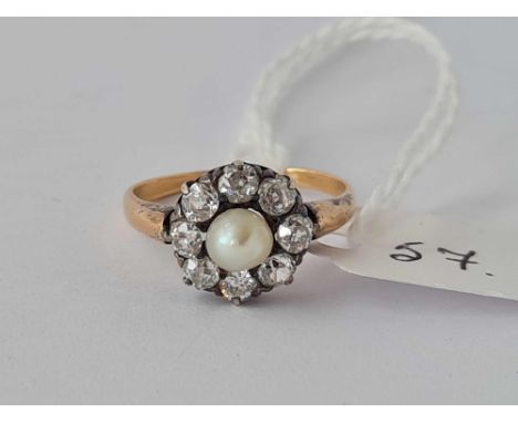 A VICTORIAN 18CT GOLD TESTED PEARL AND DIAMOND CLUSTER RING APPROX 1.4 CARATS DIAMOND SIZE P