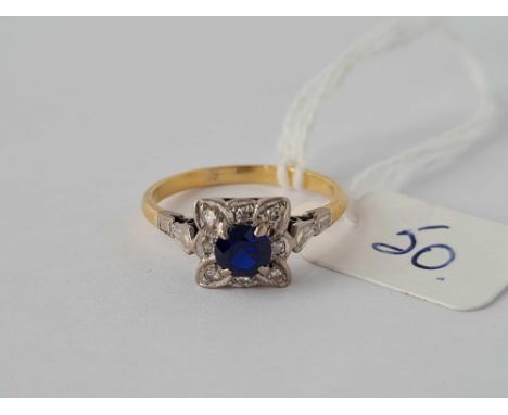 A sapphire and diamond square cluster ring set in gold size P    2.7 gms