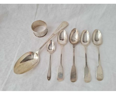 An Exeter bright cut table spoon, 1794 by WP and Five tea spoons plus napkin ring, 155g