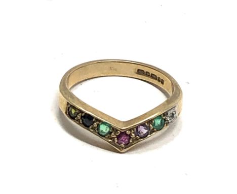 9ct Gold Vintage Diamond, Emerald, Ruby, Saphire, Tourmailne &amp; Amethyst 'Ring (2.3g)