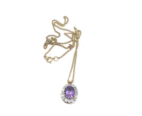 9ct Gold Diamond Amethyst Pendant On Chain (3.9g)