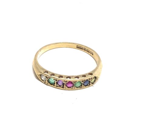 9ct Gold Vintage Diamond, Emerald, Ruby, Saphire, Tourmaline &amp; Amethyst Ring (1.3g)