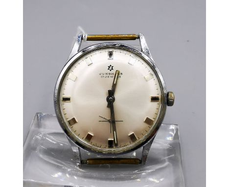 JUNGHANS VINTAGE HANDAUFZUGSUHR, 3-Zeiger-Uhr ohne Datum, silbernes Zifferblatt, um 1960. Gehäusedurchmesser 33 mm. Werk läuf