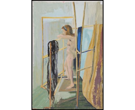 Lewis Davies 1939 - 2010. A 1960's - mid century oil on board painting - portrait study of a lady - nude study. Measures 61cm