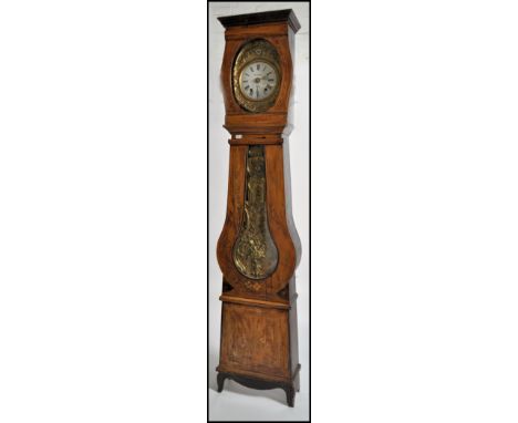 A large 19th century French walnut comtoise longcase clock case. The tall pine upright section with hood atop over banjo shap