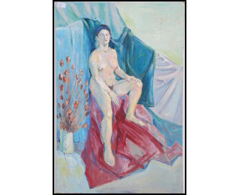 Lewis Davies ( 1939 - 2010 ). A 1960's - mid century oil on board painting - portrait study of a lady - nude study. Signed to