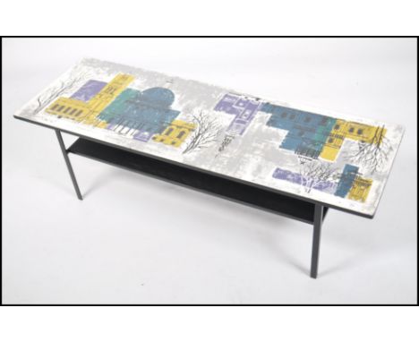 A mid century 1960's John Piper coffee table. &nbsp;This table was made for Heals and has a Formica top showing London scenes