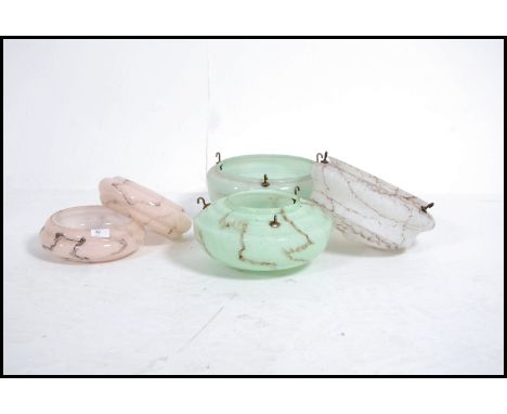 3 original art deco glass ceiling light shades along with 2 others from the mid 20th century. The biggest measures 16cms high