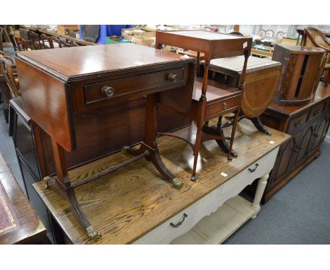 Three pieces of occasional furniture to include a miniature sofa table, two-tier single drawer stand and a drop-leaf coffee t