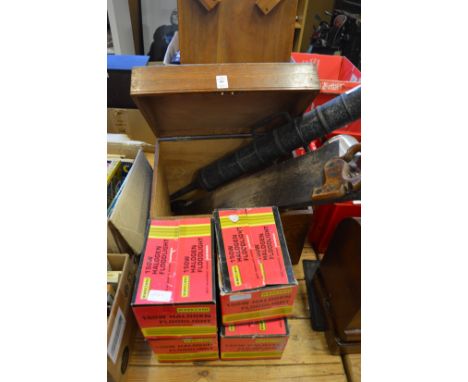 Old tools and four halogen flood lights.