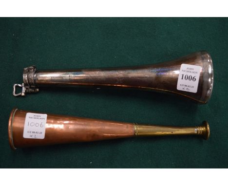 James Dixon &amp; Sons, a hunting horn shaped plated spirit flask together with a copper and brass hunting horn.