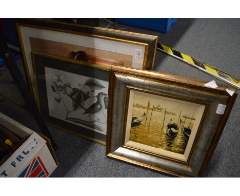 Various paintings, cameras, tools, lamps etc and a wicker basket.