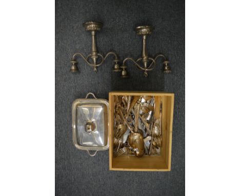 Plated ware to include an entree dish and cover, pair of candelabra and flatware.