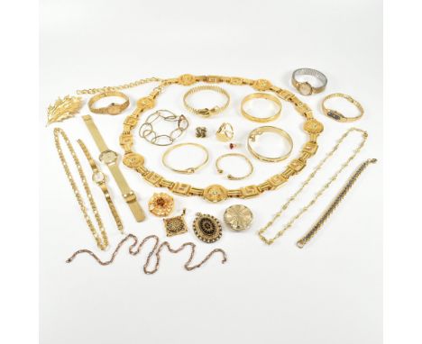 An assorted collection of vintage and later gold tone jewellery. The lot to include R.C.P. 18k gold plate, hallmarked 925 sil