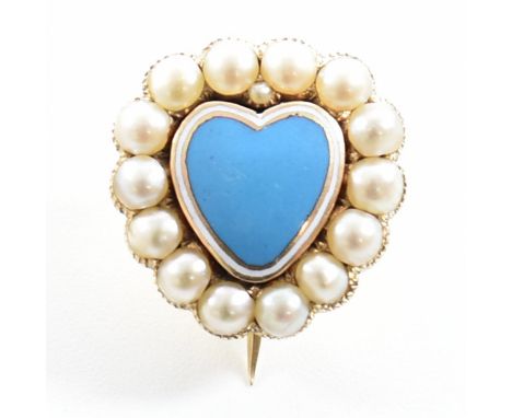 A Georgian gold pearl and enamel heart brooch pin. The brooch having a blue enamel heart framed with half pearls with hinged 