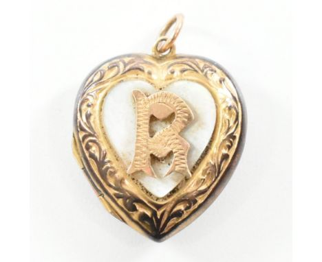 A 9ct gold back and front locket. The locket in the form of a heart having applied mother of pearl and Initial 'R'. Marked 9c
