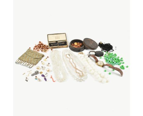 An assorted collection of antique and later jewellery. The lot to include two gold screw back cabochon earrings one being set