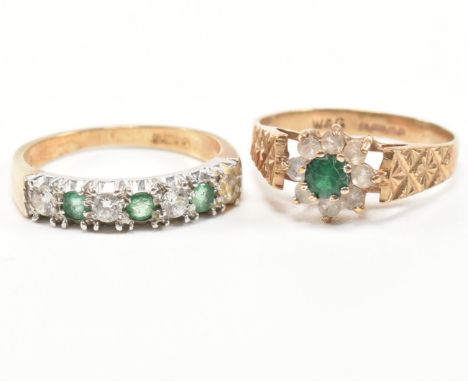 A hallmarked 9ct yellow gold and stone set rings. The first ring having a central round cut green stone surrounded by a halo 