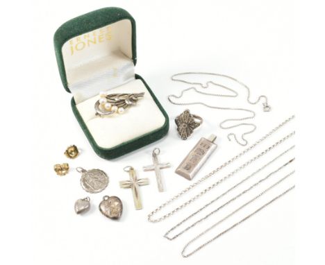 An assorted collection of vintage and later silver jewellery. The lot to include a K. Mikimoto Tokyo M S etched pearl brooch 