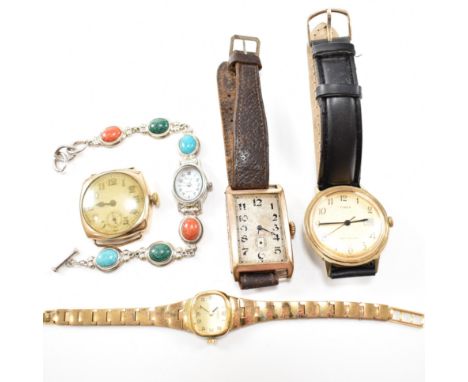A collection of five vintage wrist watches. A 925 wrist watch set with green blue and red stones to toggle clasp marked 925 A